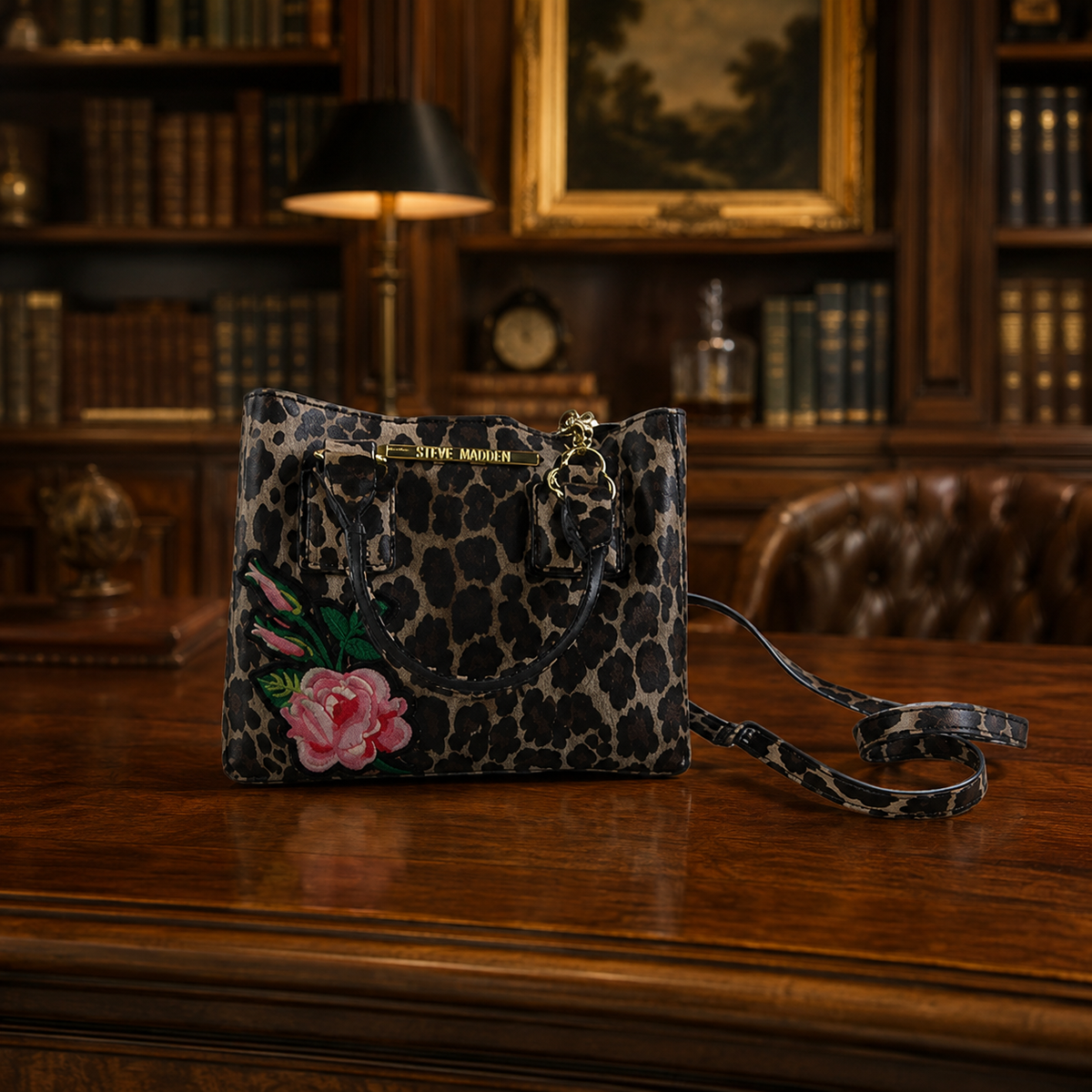 Leopard and rose print satchel crossbody bag with top handles and strap
