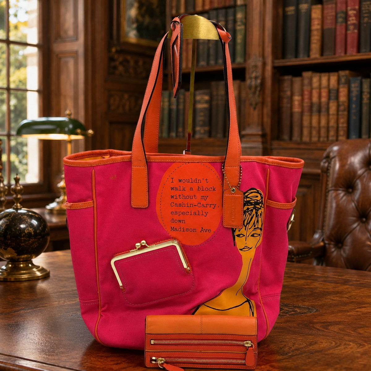 Coach fuchsia and orange canvas shopper tote with leather trim