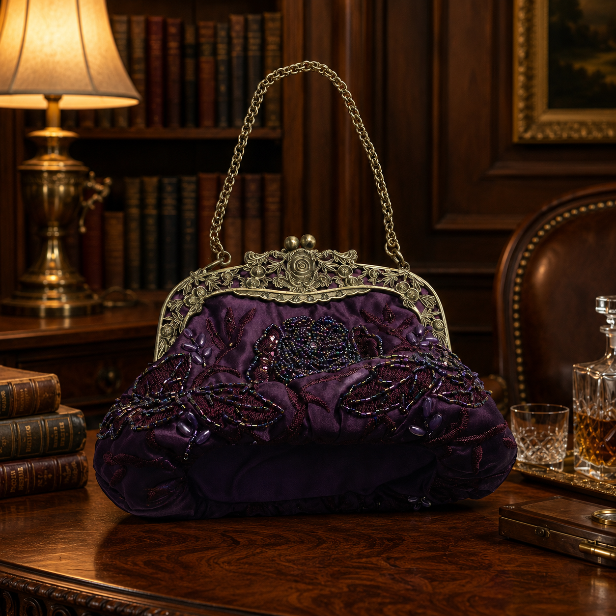 Embroidered Rose with Sequins and Beads Evening Clutch Bag