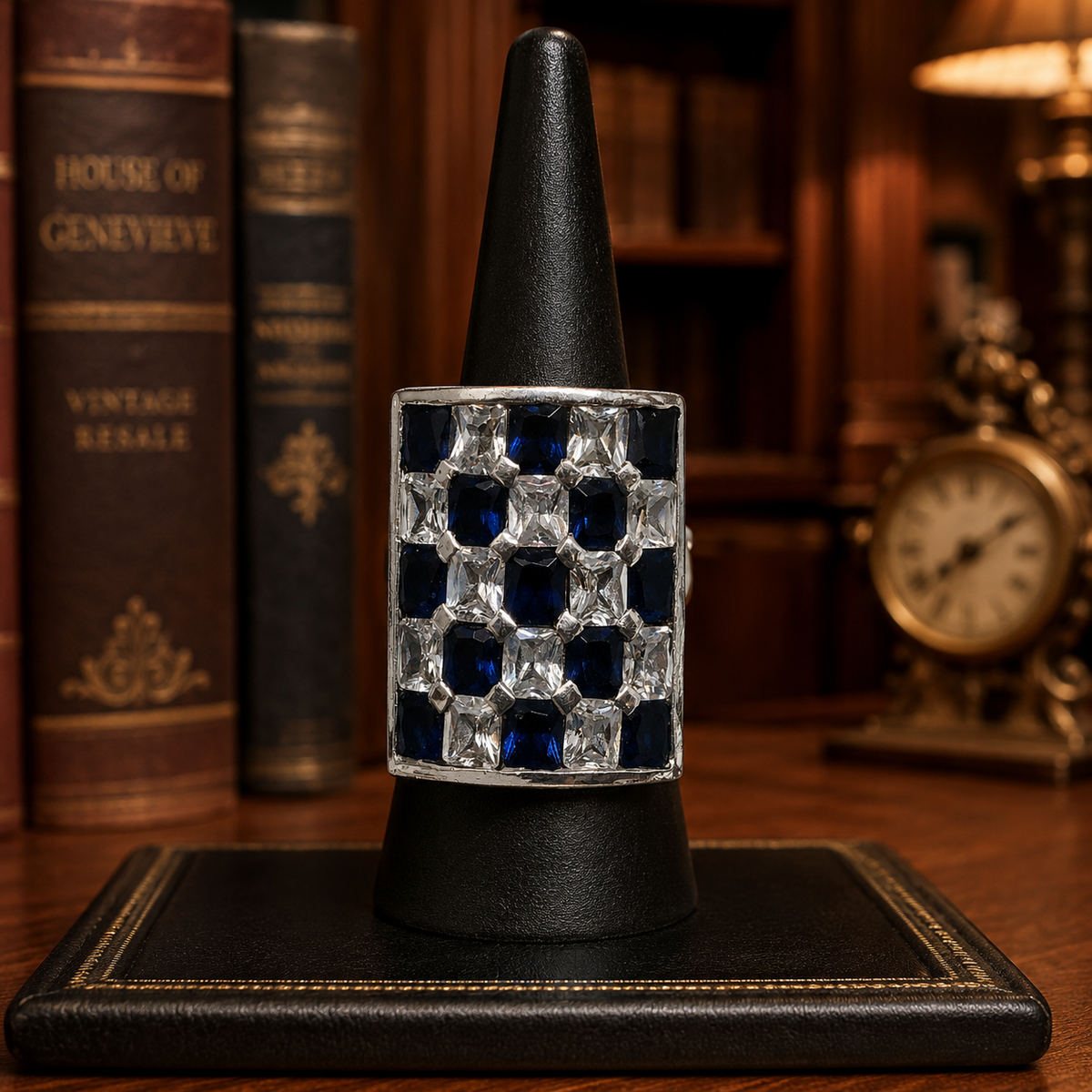 14.16g 925 Glass & C.Z. Checker Board Statement Ring - Size 8