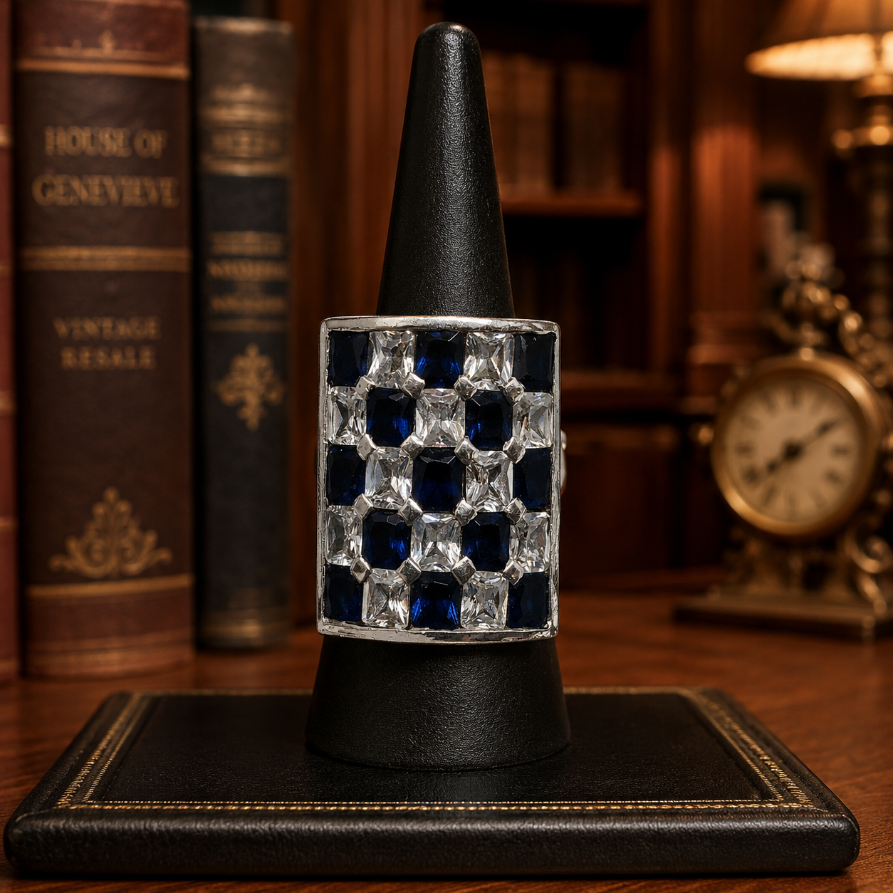 14.16g 925 Glass & C.Z. Checker Board Statement Ring - Size 8
