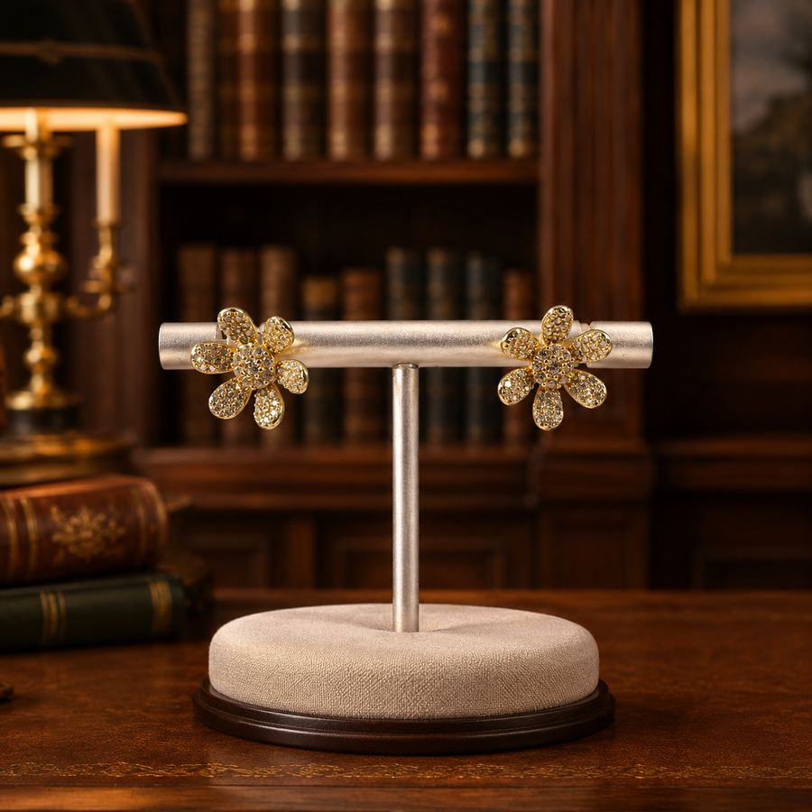 Gold-washed silver blossom post earrings with cubic zirconia