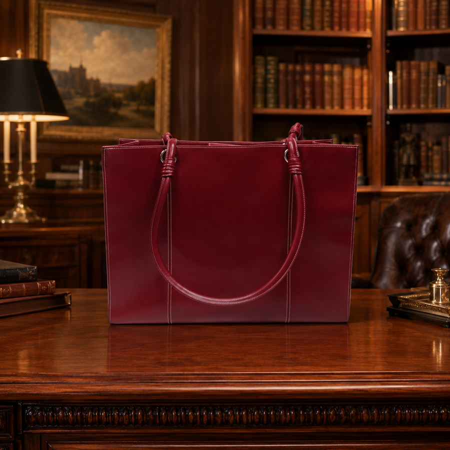 Red leather structured paneled tote with double top handles