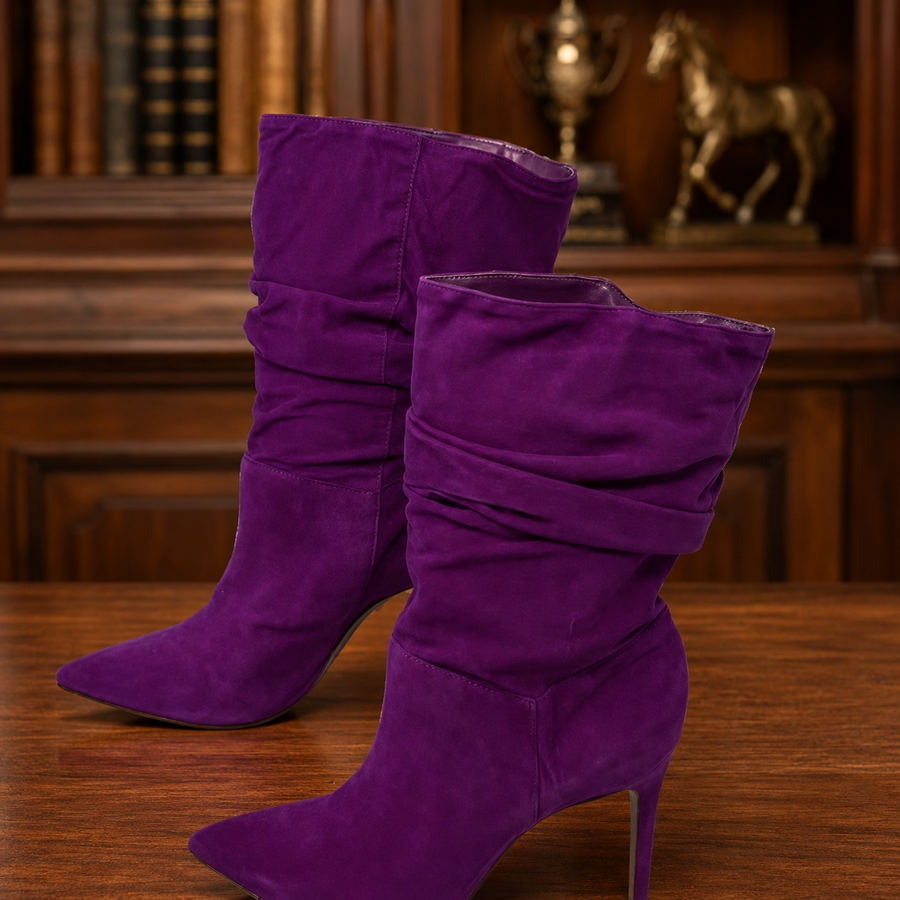 Schutz violet purple suede slouchy pointed toe stiletto boots