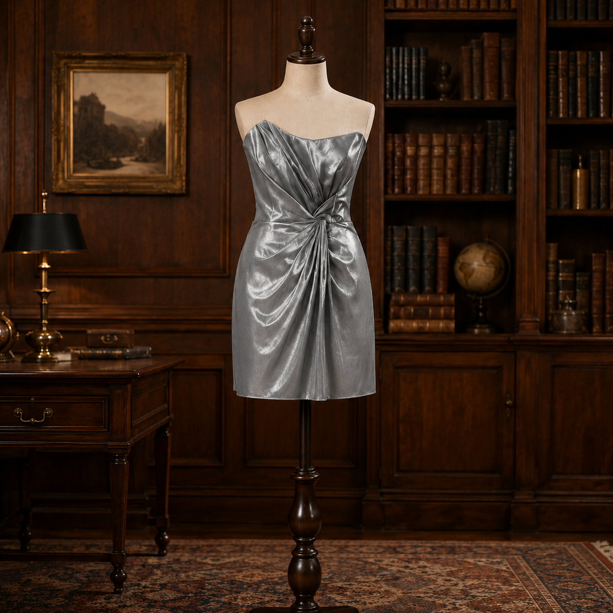 David's Bridal gray satin cocktail dress with ruched bodice, size 14