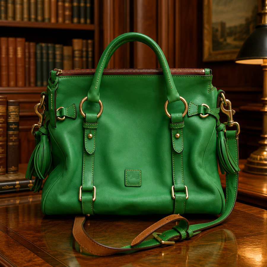 Kelly green pebble grain leather satchel with tan leather trim and crossbody strap
