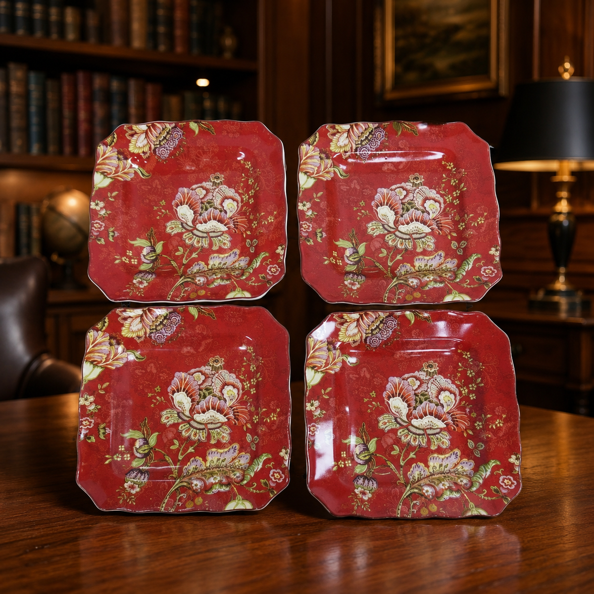 Four square red salad plates with large ivory, blush and plum blossoms and scalloped edges