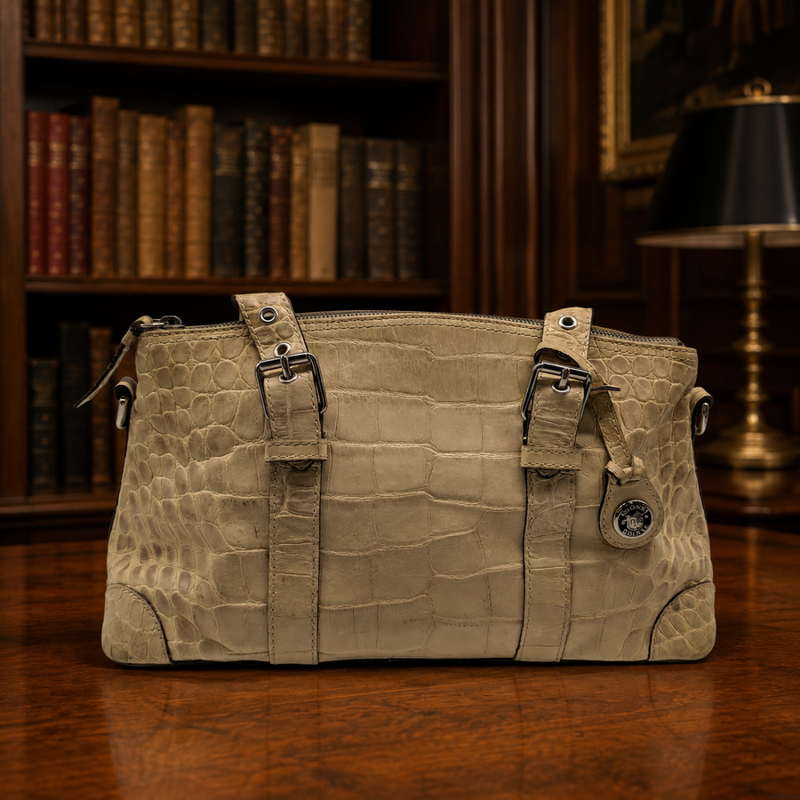 Dooney & Bourke beige crocodile embossed leather boxy satchel with duck emblem fob