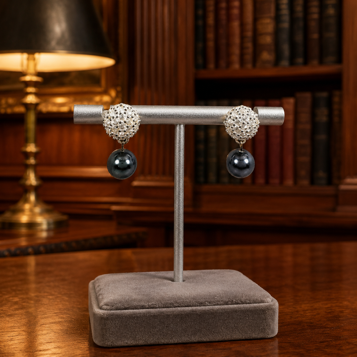 Drop earrings with crystal pavé cluster tops and charcoal gray faux pearls