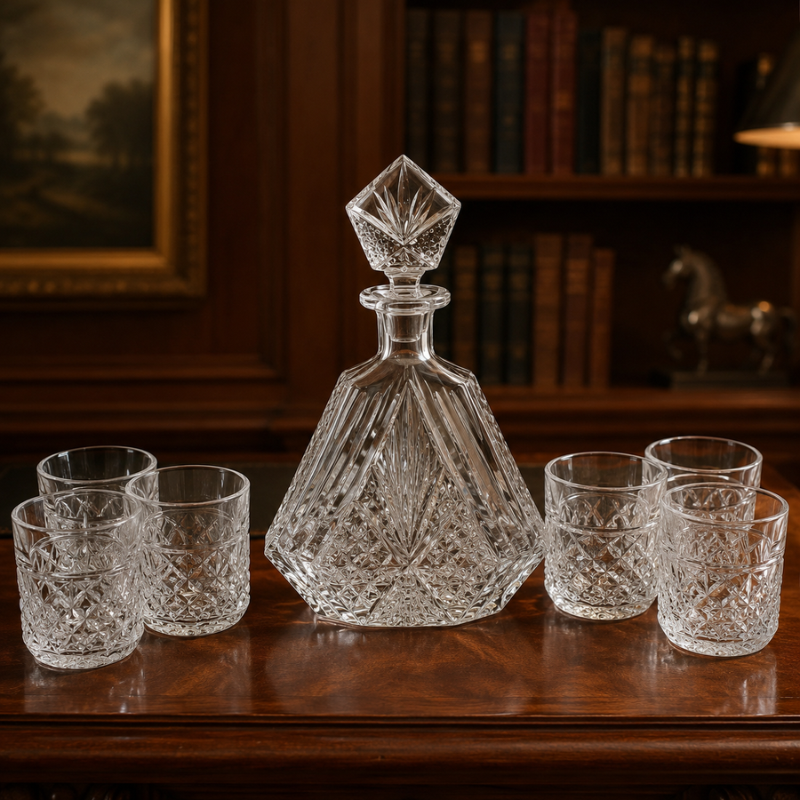 Bohemia clear cut crystal fan-shaped decanter with faceted stopper and six tumblers