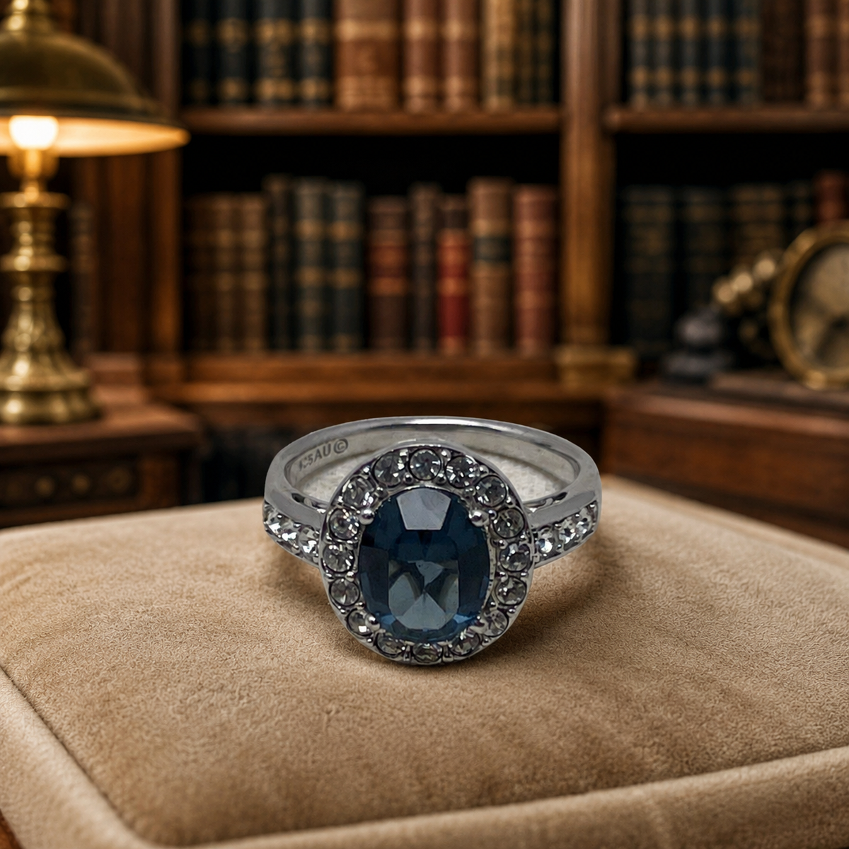 Ornate silver ring with blue and clear rhinestones