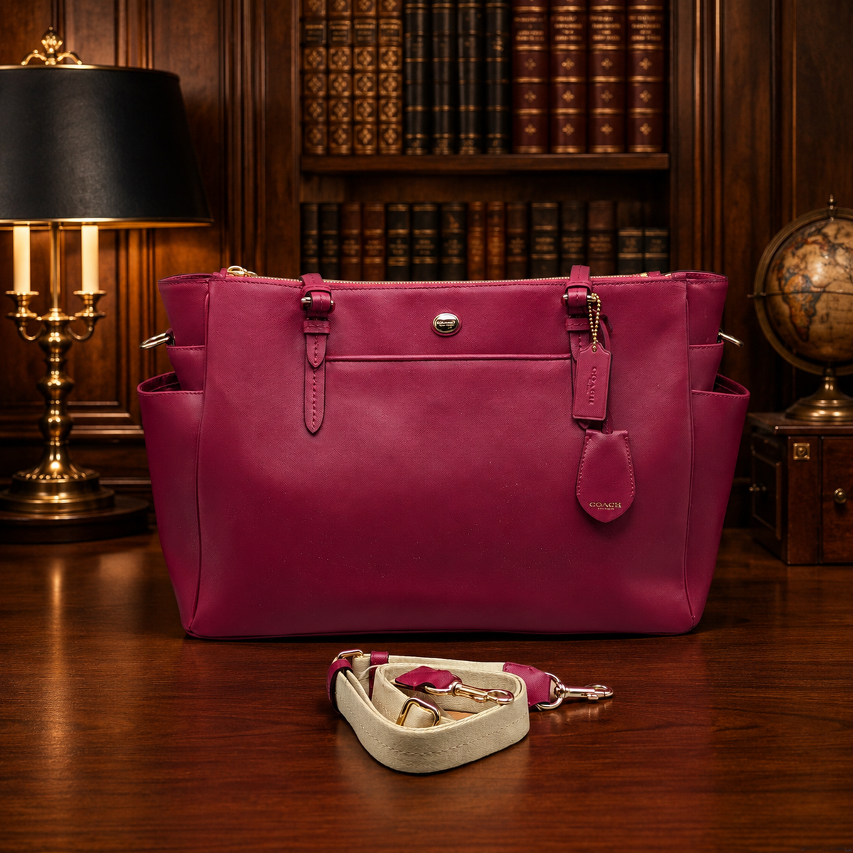 Coach berry crossgrain leather multifunction tote with side pockets, turn-lock detail and crossbody strap