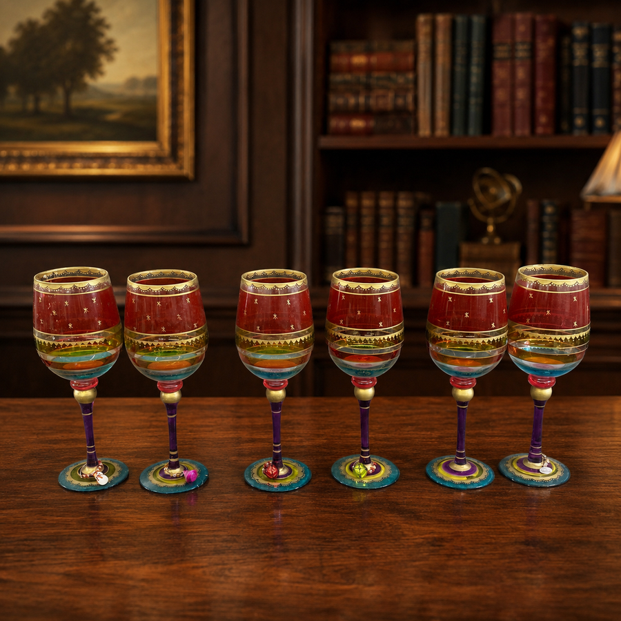 Six painted stemmed glasses with ruby red bands, purple stems, turquoise feet and wine charms