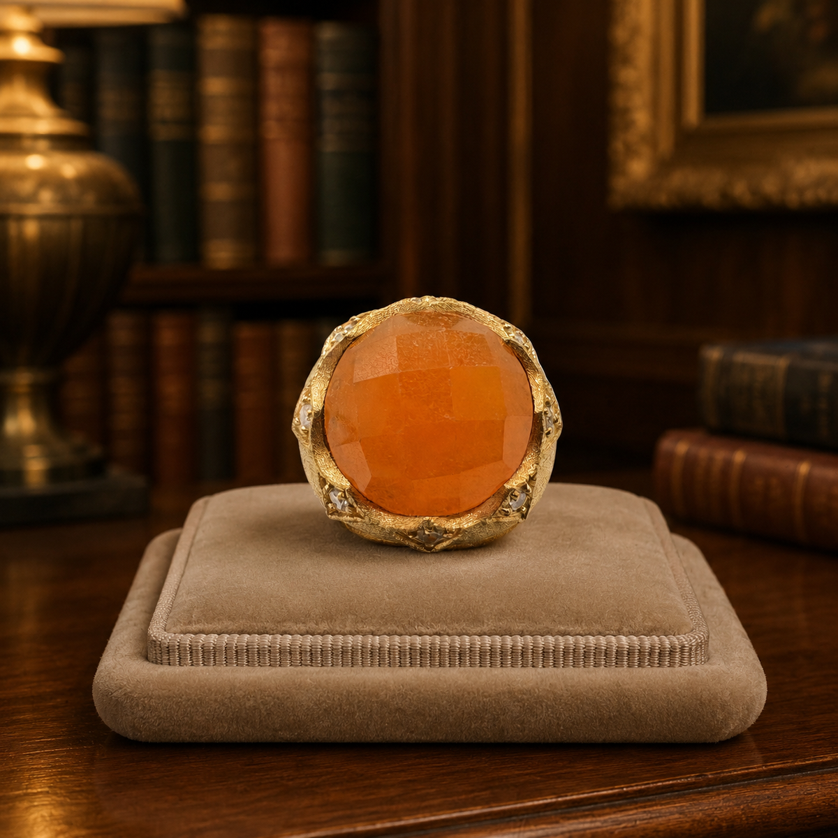 Gold-tone ornate statement ring with faceted amber-orange center stone