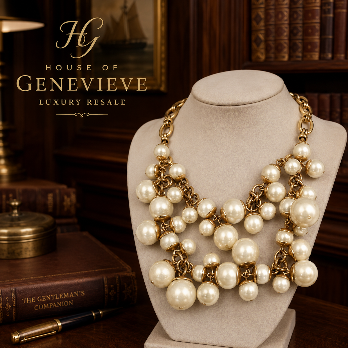 Gold-tone chunky chain bib necklace with clusters of graduated faux pearls