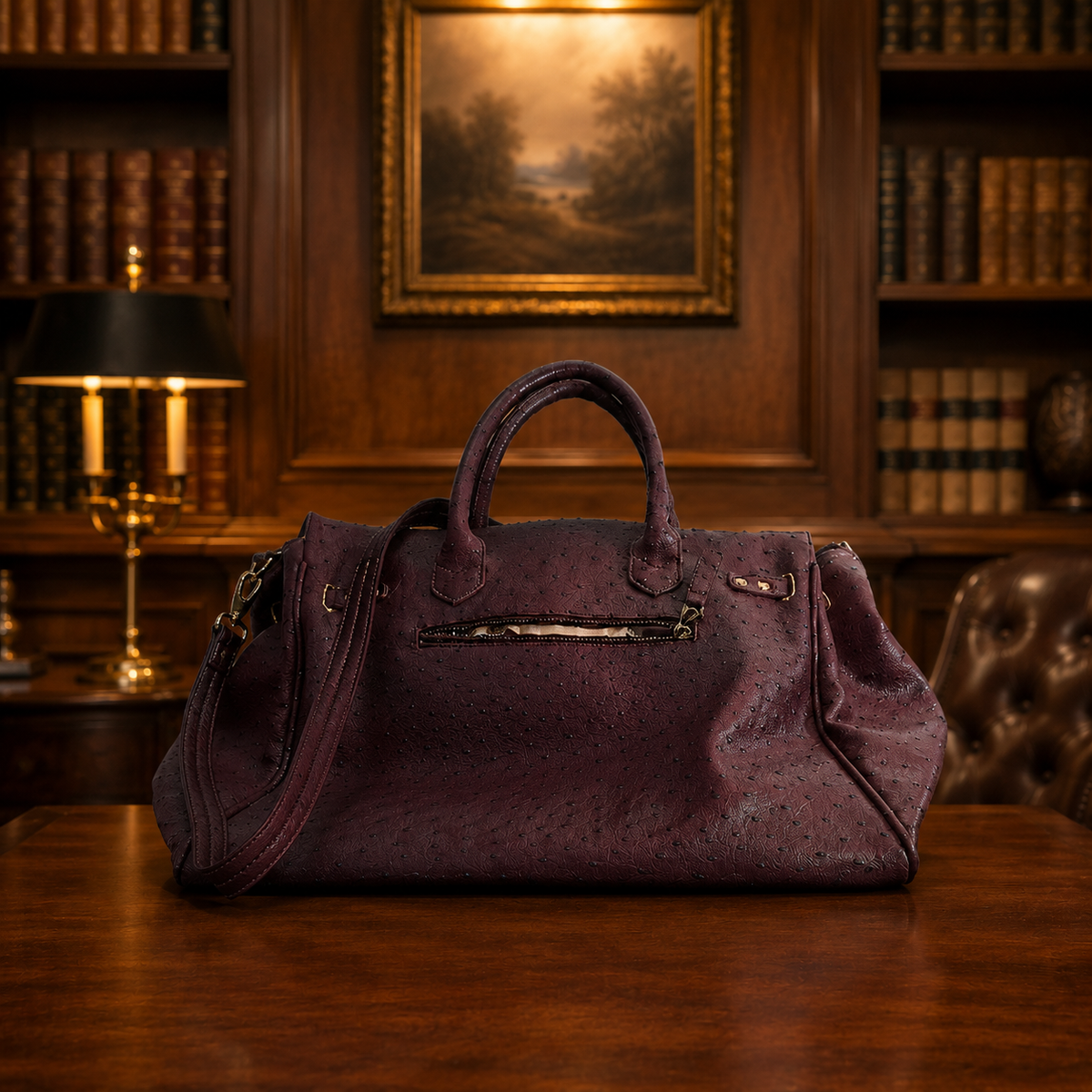 Plum ostrich embossed shoulder bag with dual handles and zip top