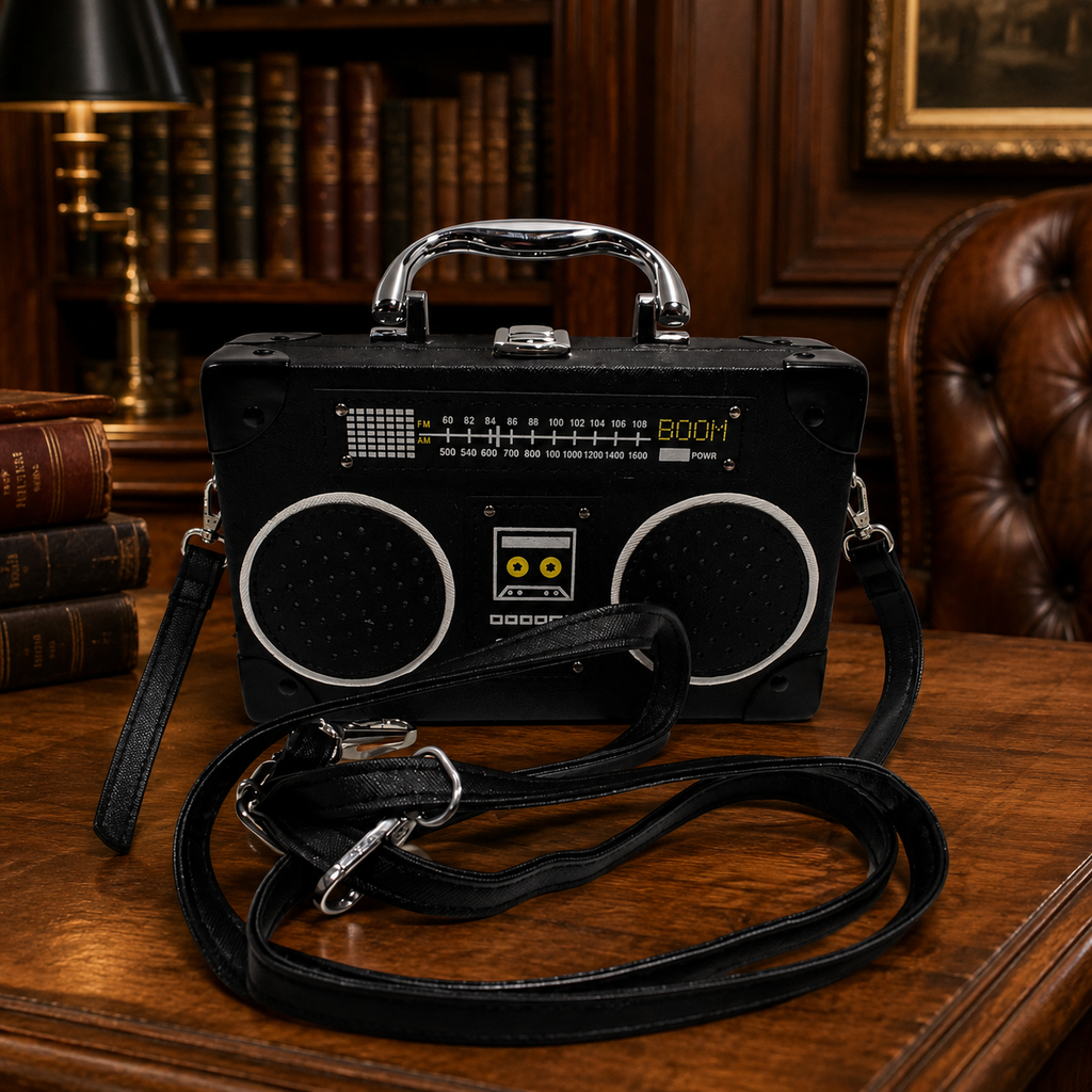 Retro Boombox Novelty Crossbody Bag | Black Radio Purse with Adjustable Strap