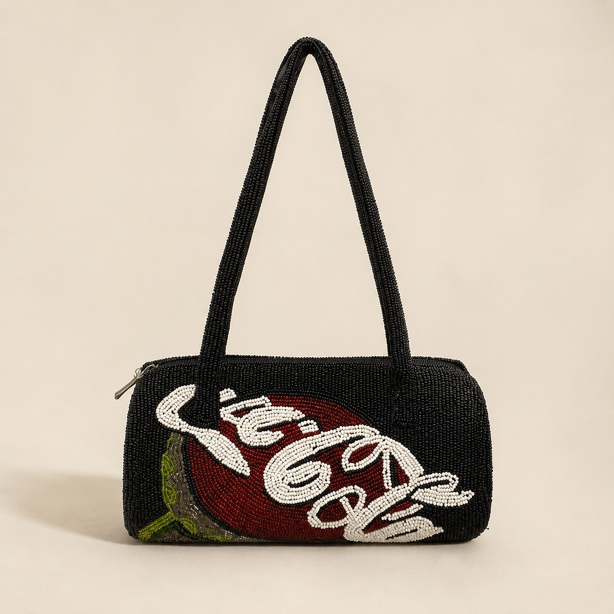 Black beaded cylindrical shoulder bag with red, white and green Coca-Cola script motif, view 2