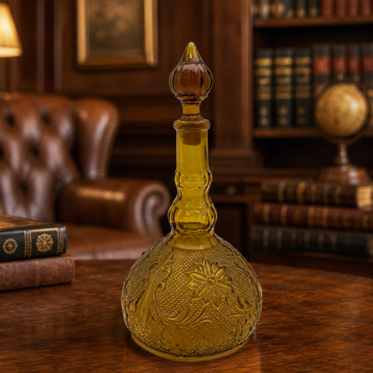 Amber glass genie bottle decanter with embossed floral pattern and stopper
