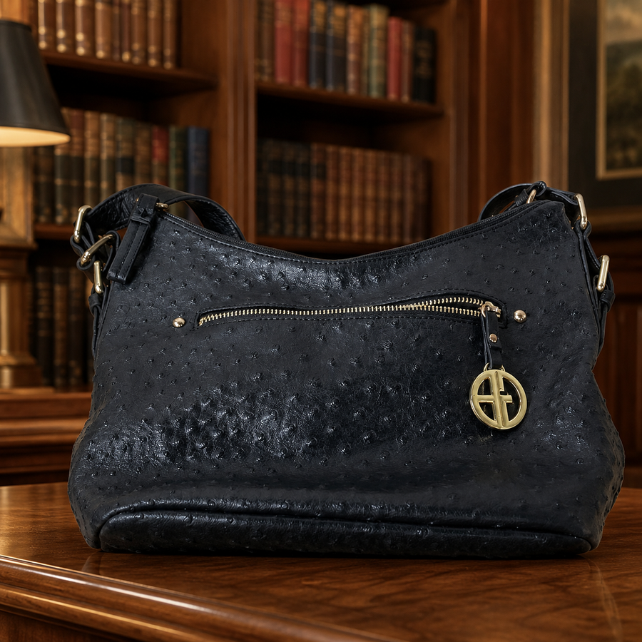 Black faux ostrich embossed hobo bag with gold-tone hardware and adjustable strap