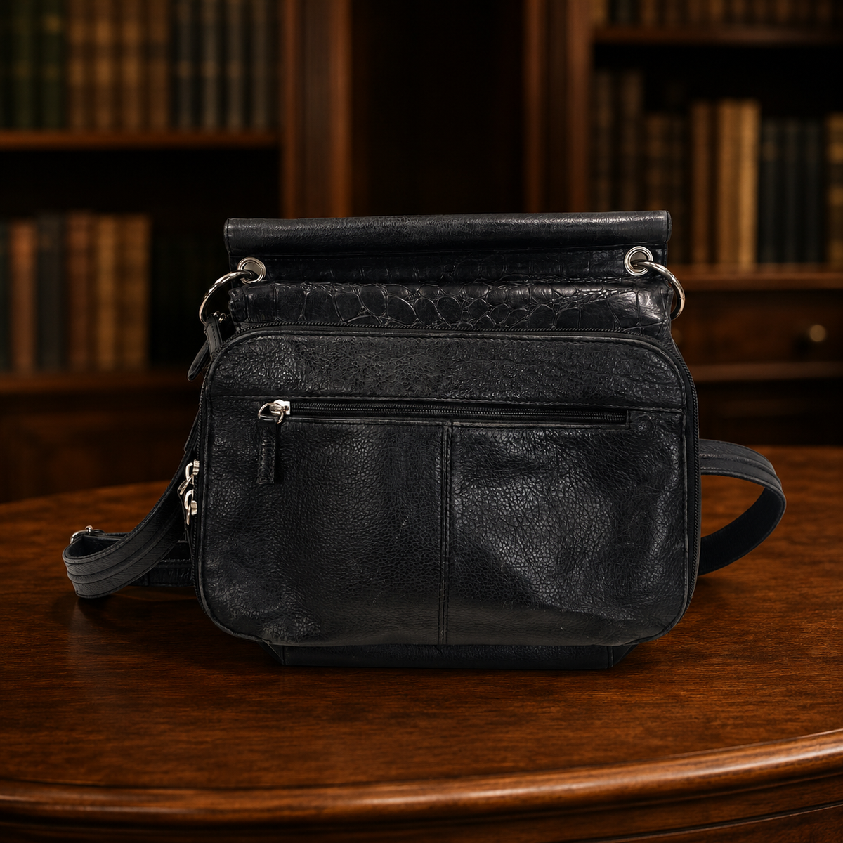 Gun Tote'n Mamas black pebbled leather crossbody purse with croc-embossed flap and front zip pocket