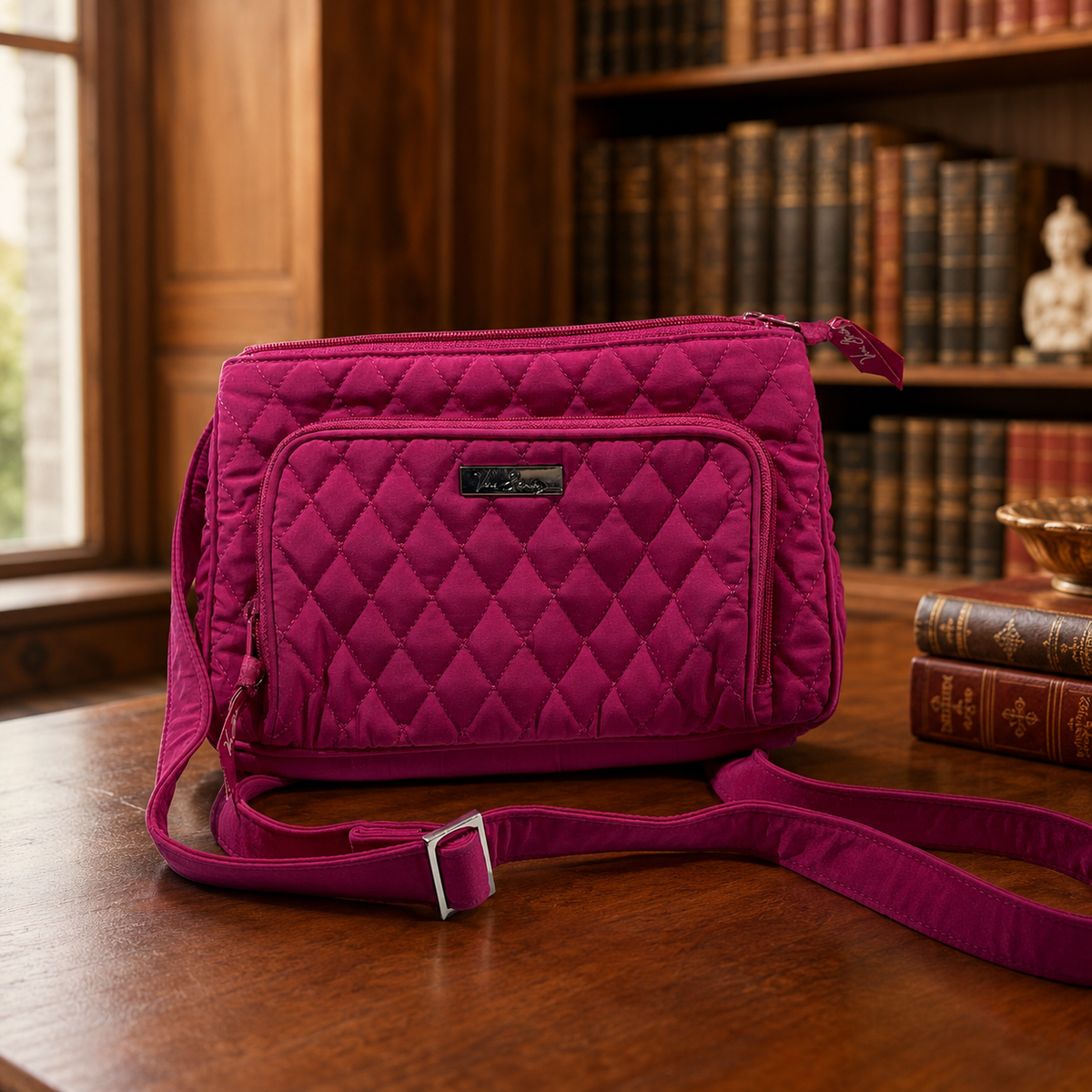 Vera Bradley hot pink quilted crossbody bag with front logo plate and adjustable strap