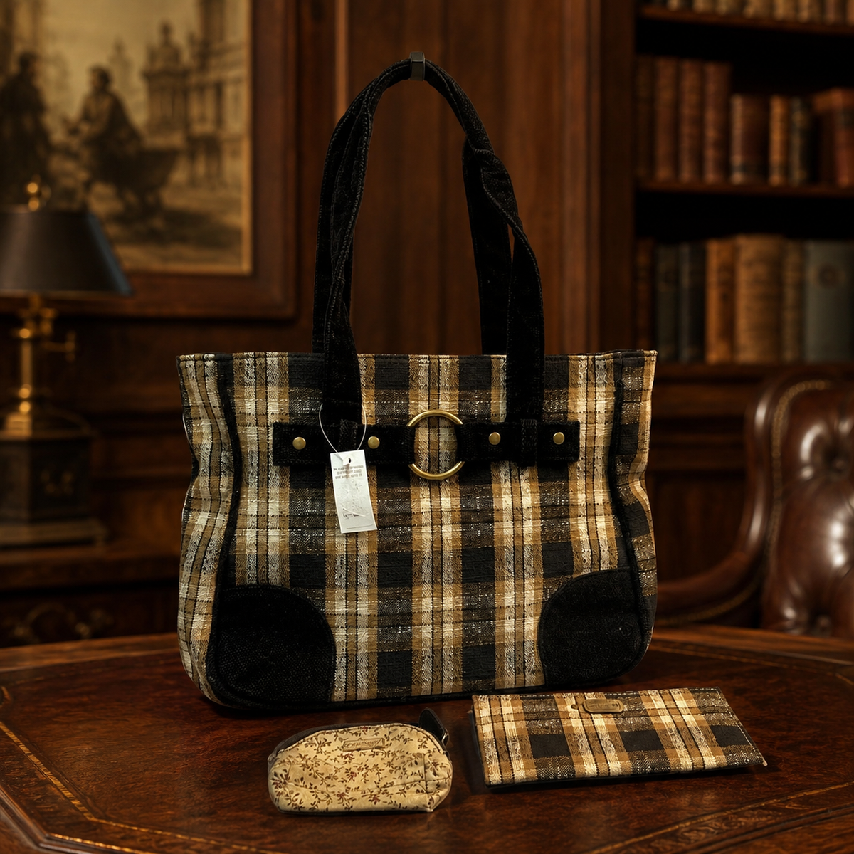 Longaberger brown plaid Homestead fabric tote with black handles, matching wallet and pouch