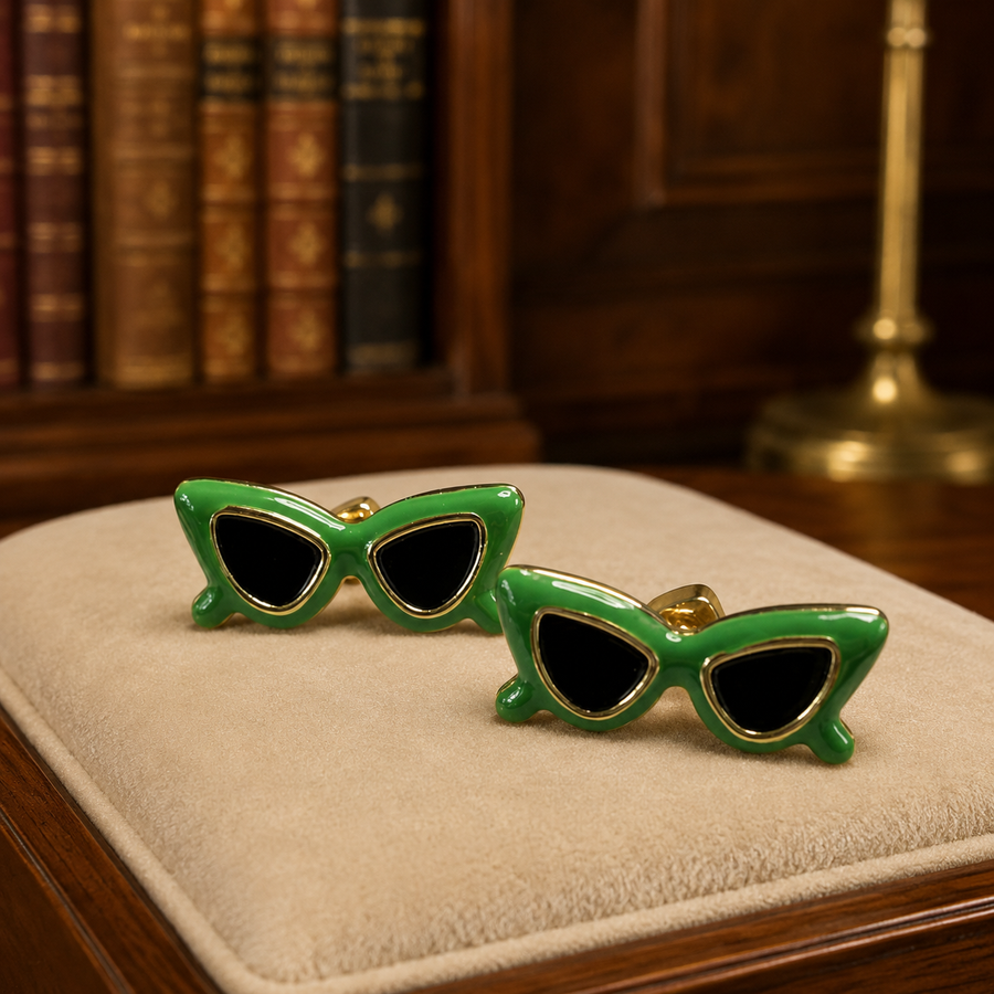 Green enamel cat-eye sunglasses stud earrings in gold tone