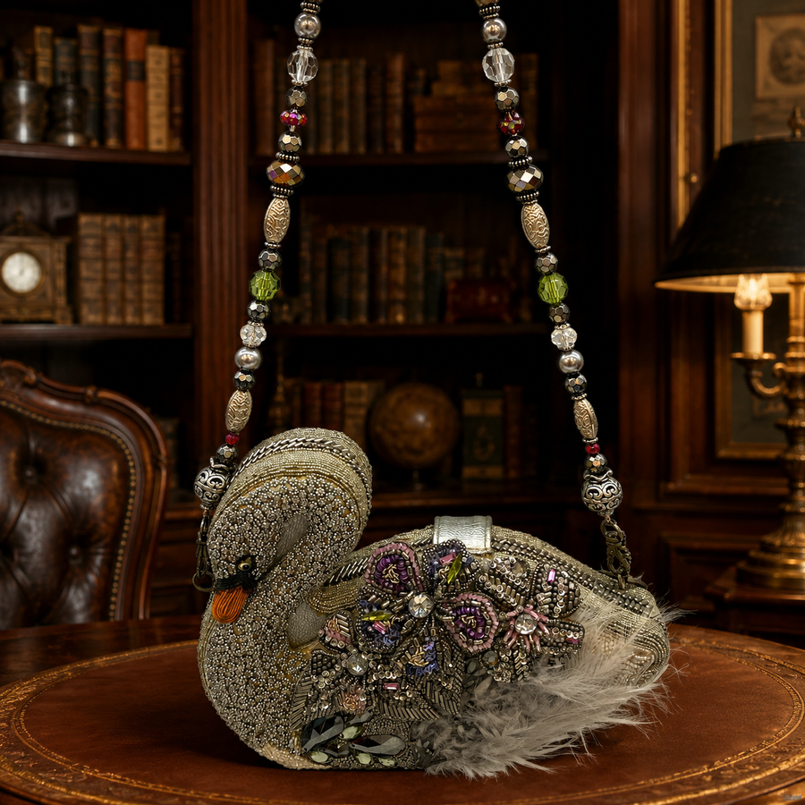 Mary Frances figural swan beaded clutch with rhinestones, floral beadwork, feather trim and beaded chain strap