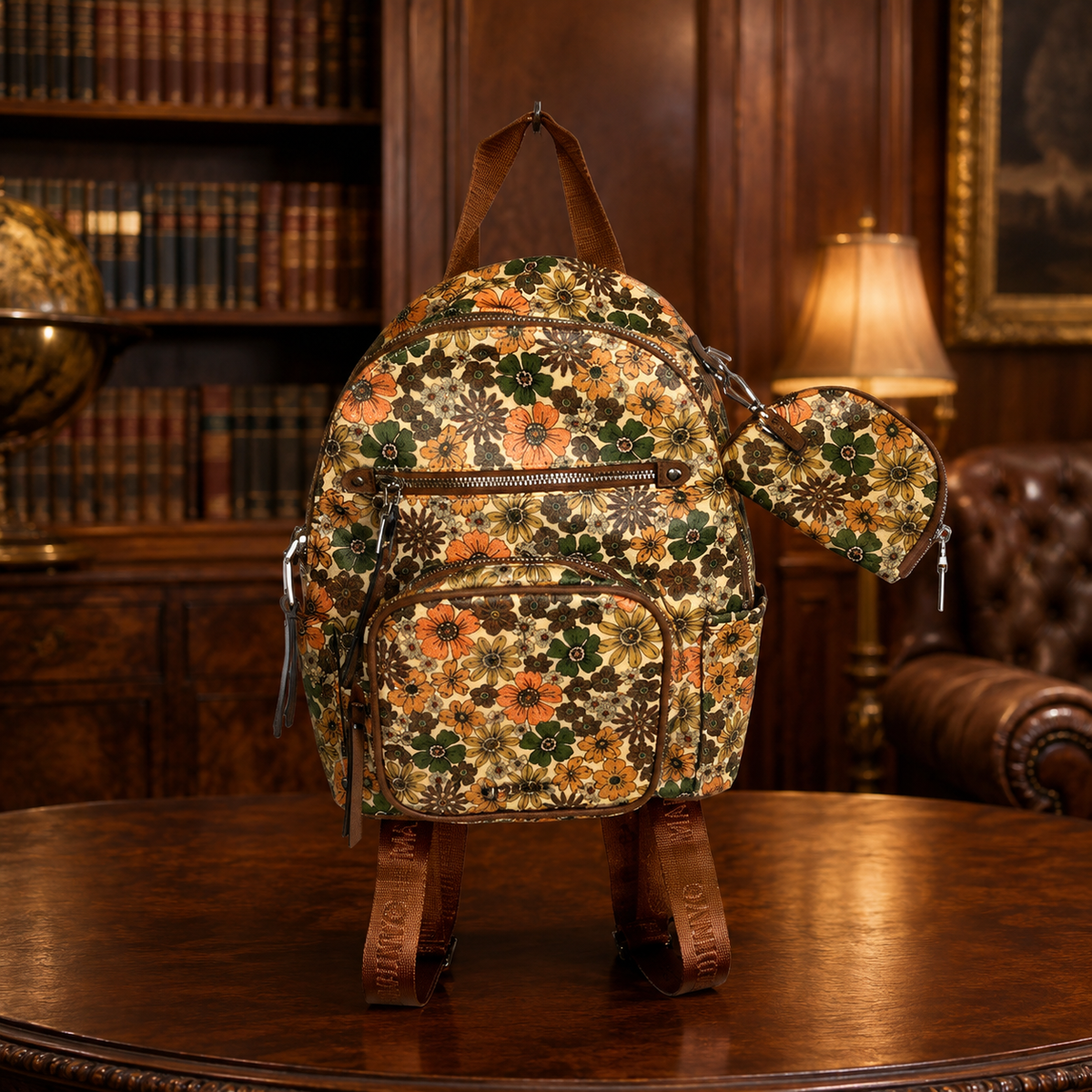 Multicolor floral tapestry backpack with brown faux leather trim and top handle