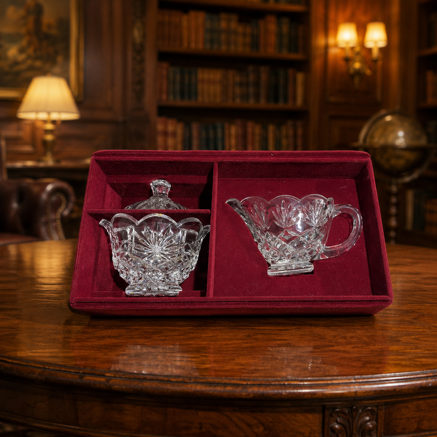 Silver-tone handled tray with cut glass sugar pot and creamer