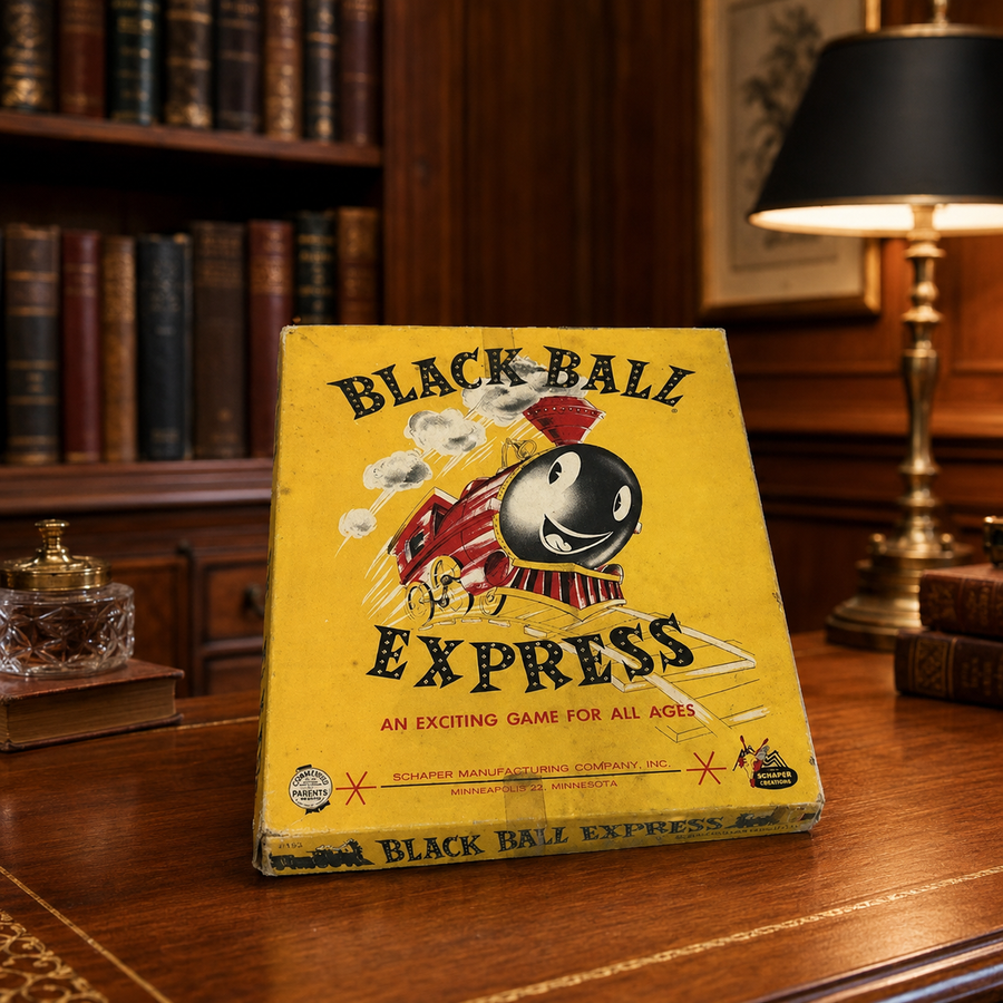 Black Ball Express board game in yellow box with board, instructions and playing pieces