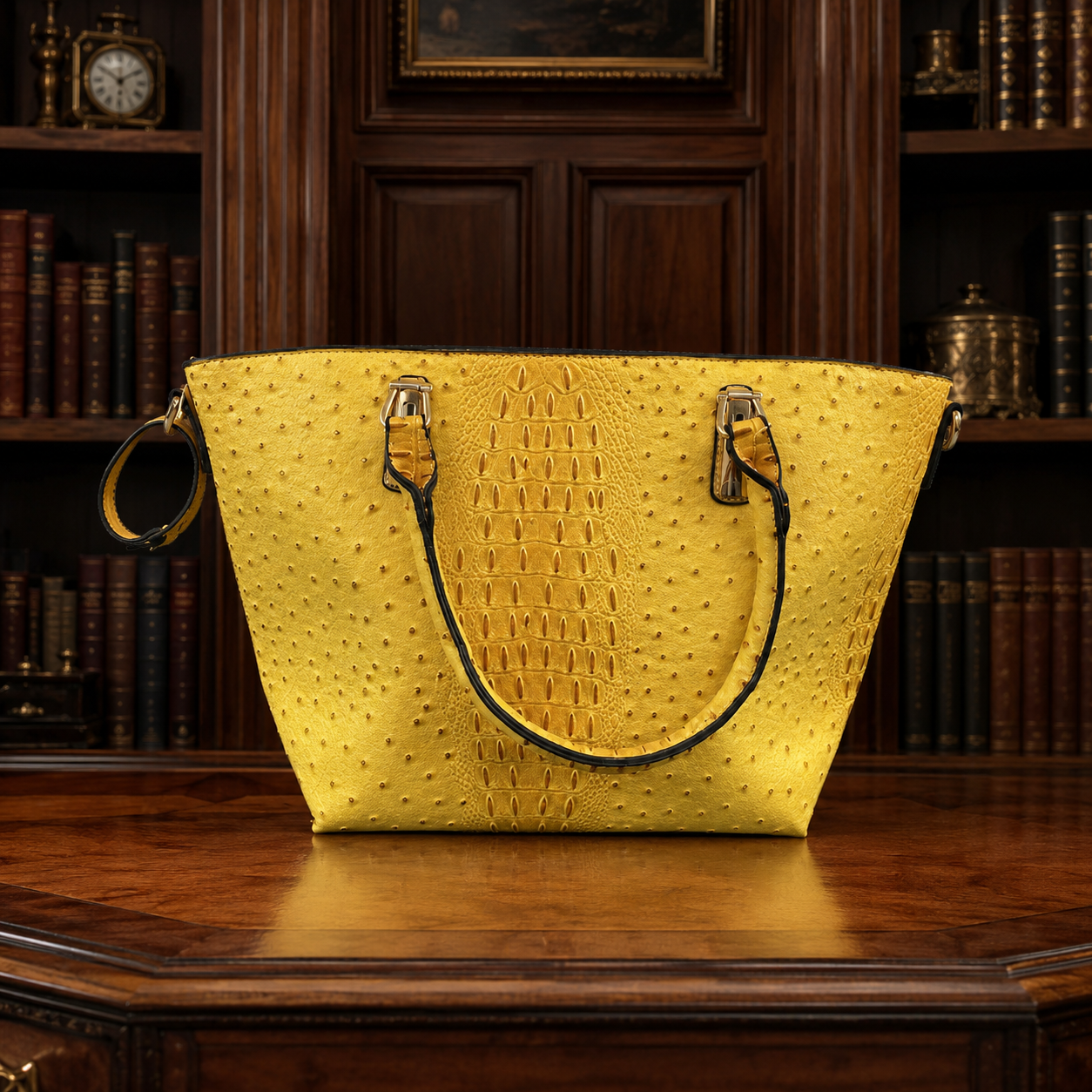 Yellow Croc Embossed Shopper Tote Bag | Structured Faux Leather Everyday Shoulder Handbag