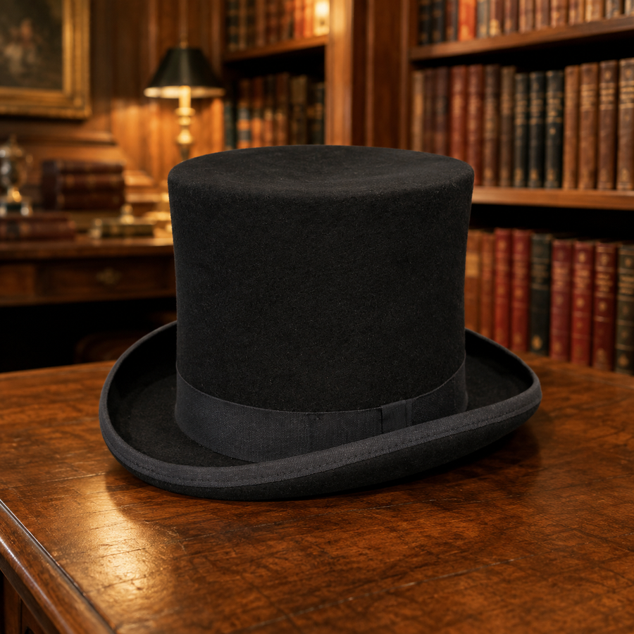 Gemvie black top hat with tall crown, brim and lined interior with size card