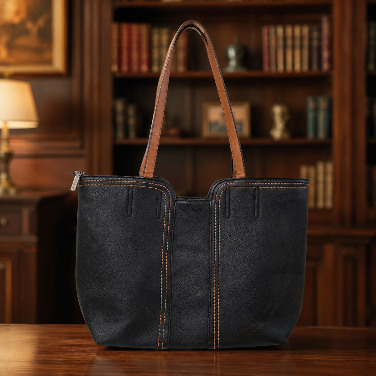 Black faux leather tote with brown handles and brown accent stitching