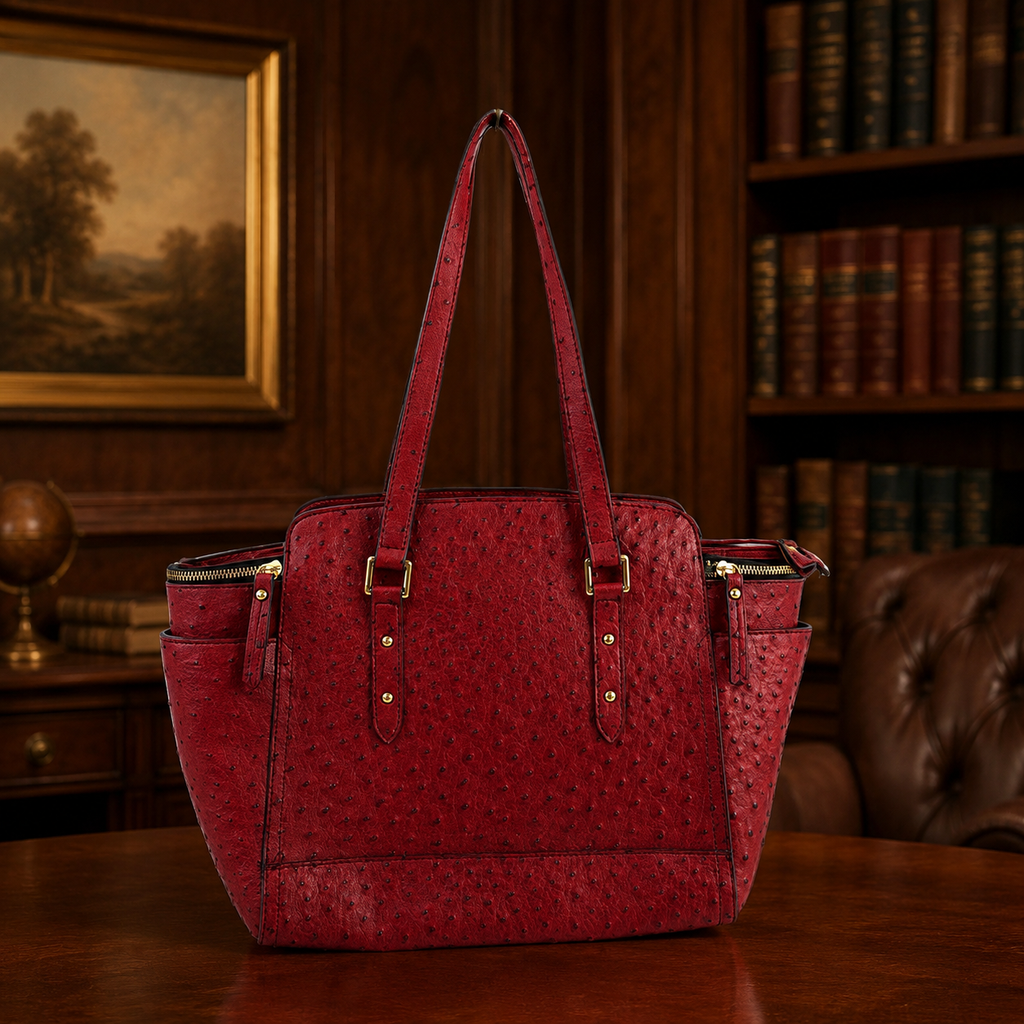 London Fog Red Faux Ostrich Tote Bag, Structured Shoulder Purse with Gold Tone Hardware