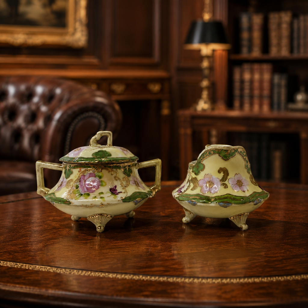 Hand Painted Floral Design Footed Green Pink Porcelain Sugar Bowl & Creamer