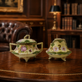 Hand Painted Floral Design Footed Green Pink Porcelain Sugar Bowl & Creamer