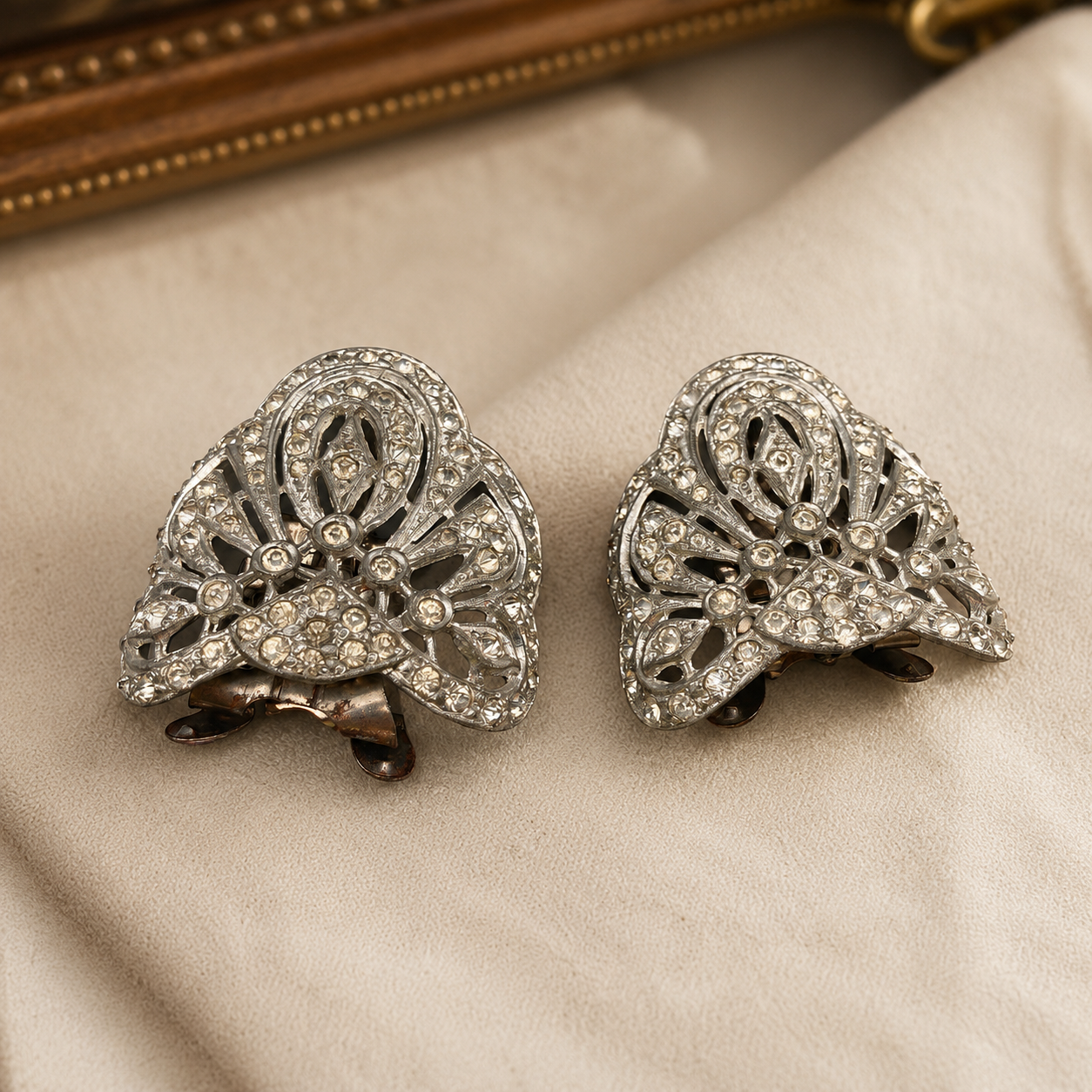 Vintage Holfast Art Deco Rhinestone Pavé Fan Shoe Clips / Dress Clips Pair