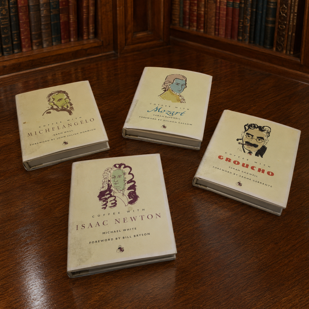 Coffee With book set, four small volumes with cream illustrated covers