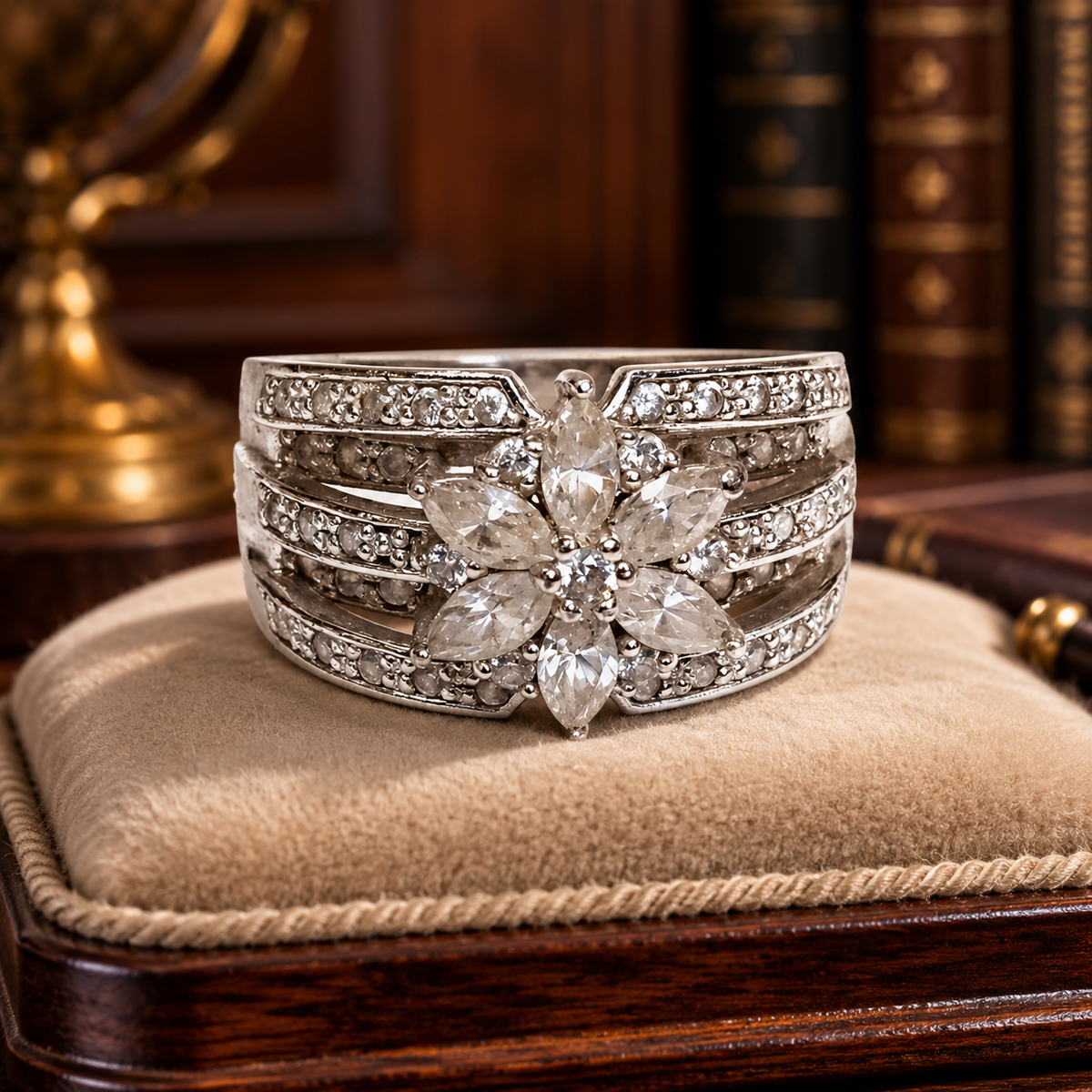 Sterling silver flower ring marked 925 with clear cubic zirconia accents