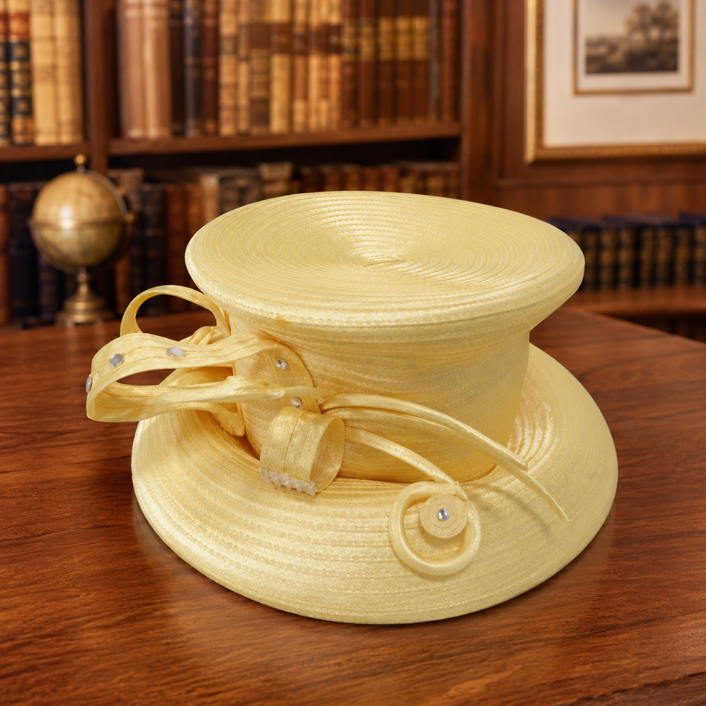 Vintage Ben Marc International Yellow Church Hat | Elegant Wide Brim Loop Bow Occasion Hat