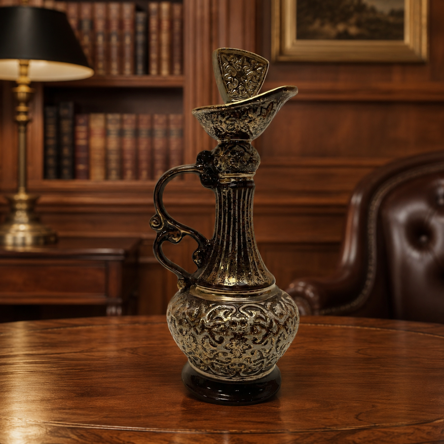 Cameo-style portrait ceramic liquor decanter ewer with gold scroll accents