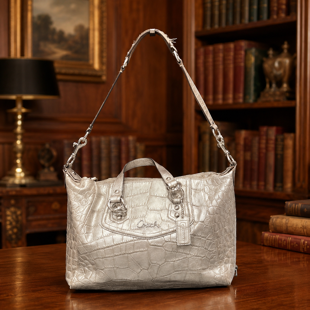2012 Coach Ashley F20346 Metallic Silver Croc Embossed Leather Satchel