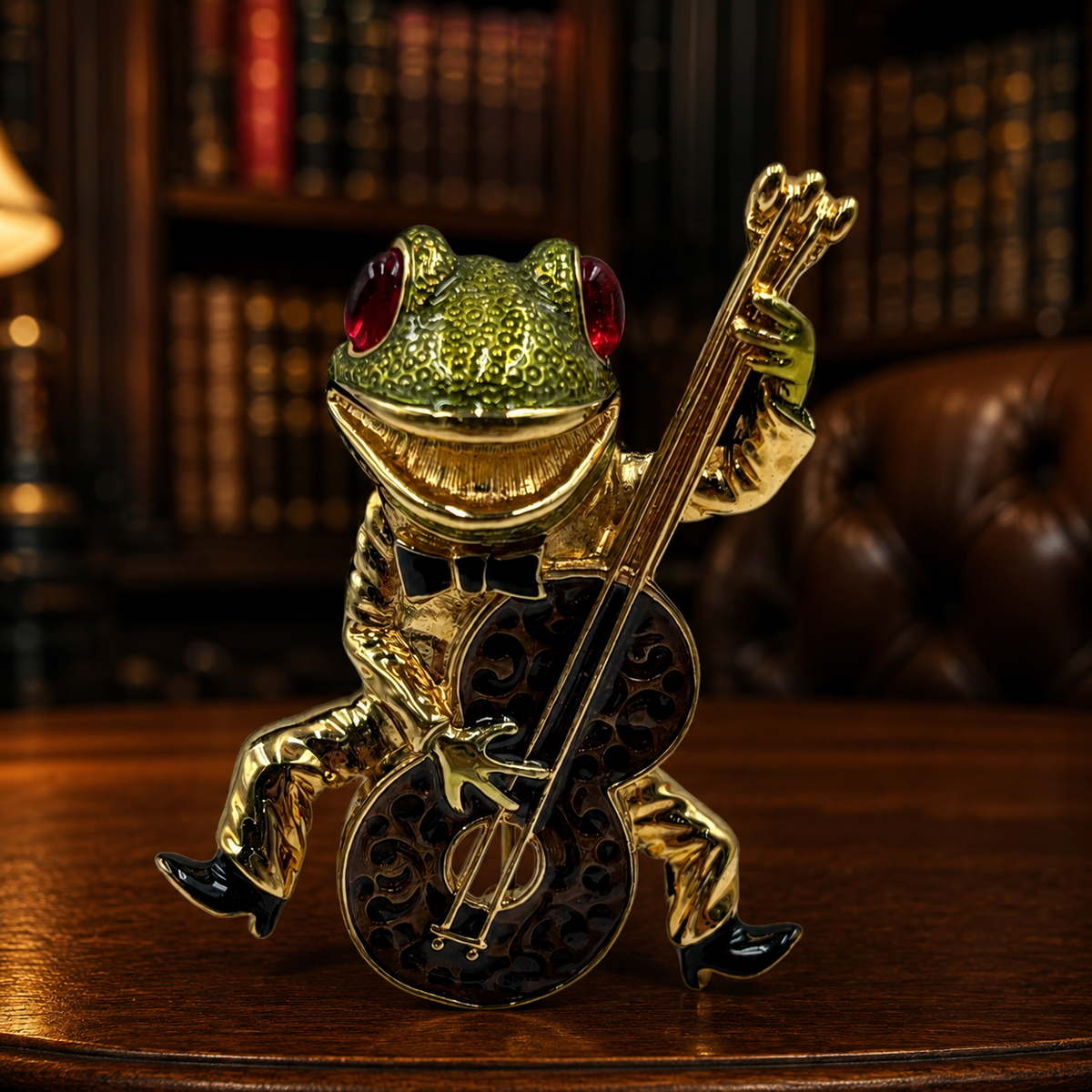 Gold-tone enamel frog musician brooch playing a guitar