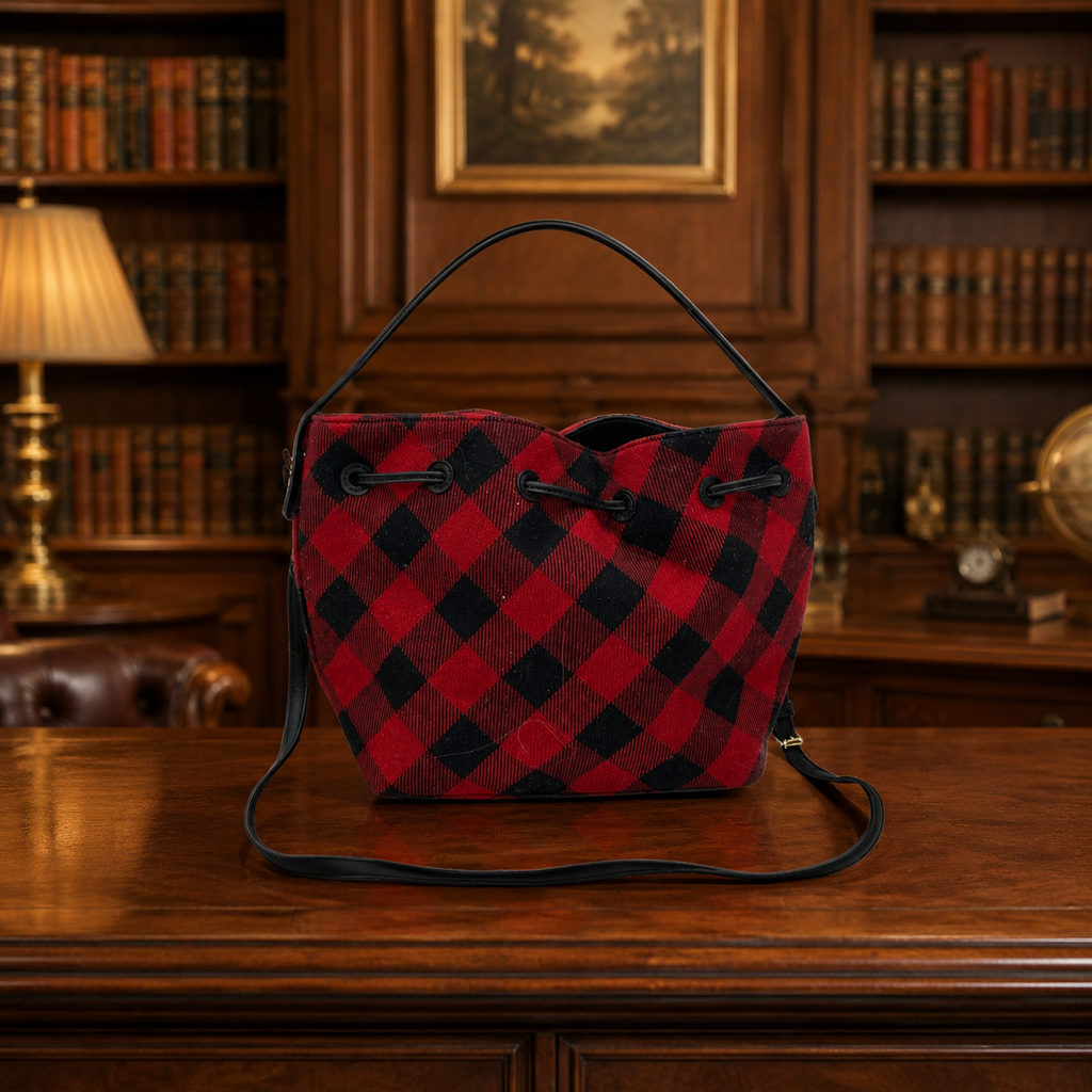 Parfois Womens Shoulder Bag Red Black Plaid Check Pattern Fabric Drawstring