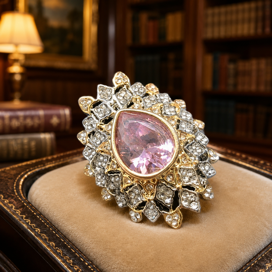 Silver statement ring with pink and white glass rhinestones