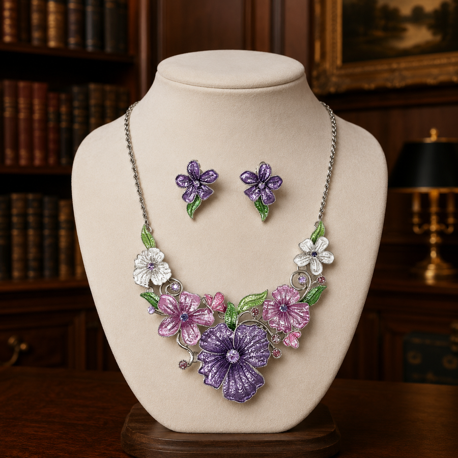 Silver-tone floral bib necklace and clip-on earrings with pink, purple and white flowers and green leaves
