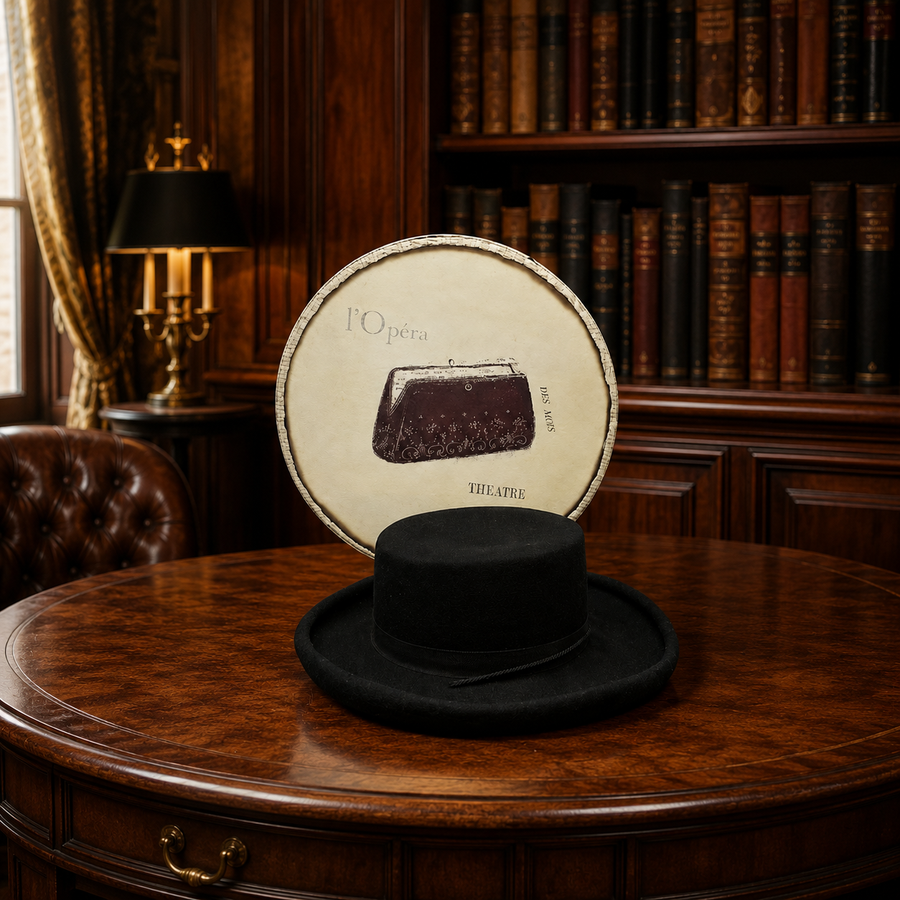 Bollman Hat Co. TINATOO black felt hat with round hat box