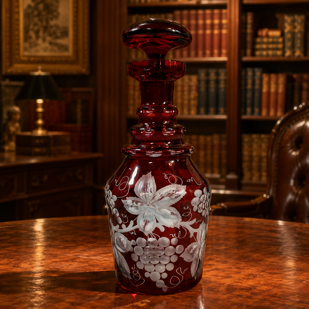 Vintage Egermann Bohemian Cut to Clear Ruby Red Frosted Glass Decanter